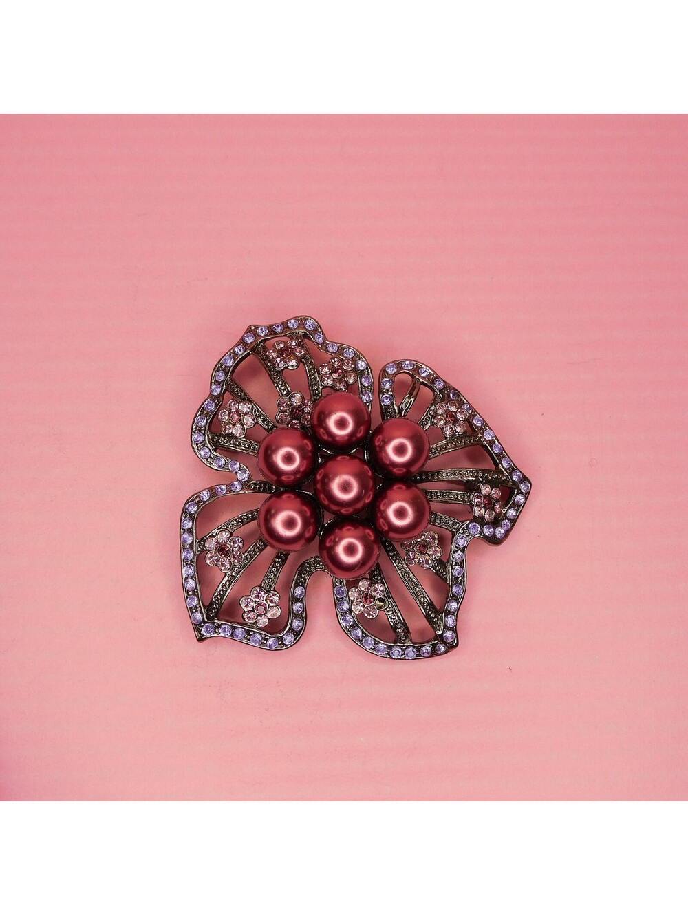 Vintage Large Flower Pin with Beads and Faux Pearls